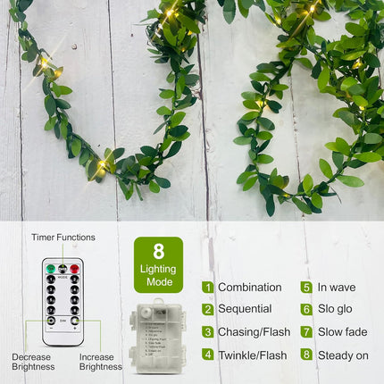 Battery Operated Vine String Lights, 33 Ft 100Led 8 Modes, Warm White Light with Green Vine, Suitable for Indoor and Outdoor, Wedding, Garden, Party, Fence,Room，Christmas, Home Decoration