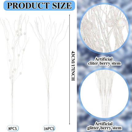 Giegxin 24 Pcs Christmas Artificial Glitter Berry Stem Ornaments 17 Inches Fake Christmas Picks Branches Decorative Glitter Sticks for Vase Christmas Tree DIY Wreath Crafts Fireplace(White)