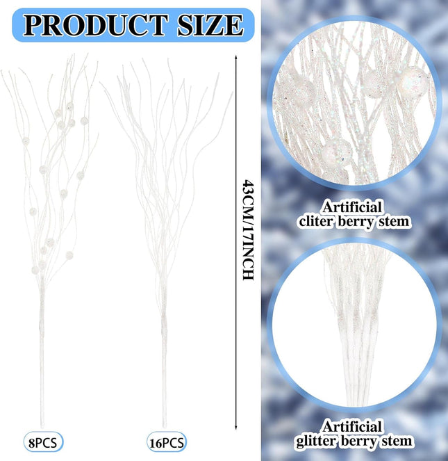 Giegxin 24 Pcs Christmas Artificial Glitter Berry Stem Ornaments 17 Inches Fake Christmas Picks Branches Decorative Glitter Sticks for Vase Christmas Tree DIY Wreath Crafts Fireplace(White)