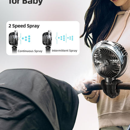 Misting Stroller Fan, 6000Mah Battery Operated Portable Fan With Light 360° Pivoting, Personal Fan With Flexible Tripod For Baby