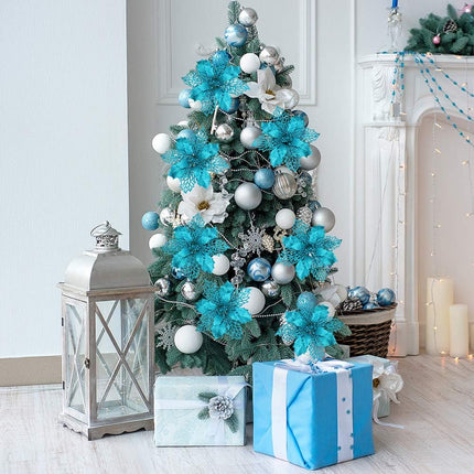 24 Pcs Christmas Teal Blue Glittered Mesh Holly Leaf Artificial Poinsettia Flowers Picks Tree Ornaments 5.9" W for Teal Blue Christmas Tree Wreath Garland Floral Winter Wedding Holiday Decoration