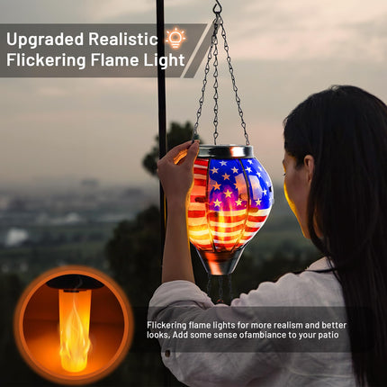 Hot Air Balloon Solar Lantern Hanging Outdoor Solar Lantern with Flickering Flame for Decorative Garden Patio Yard Party Decor for Birthday Halloween Christmas - American Flag