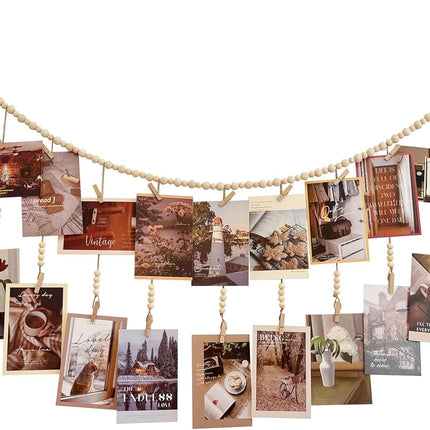 Hanging Photo Display, Wooden Bead Garland, Boho Style Collage Photo Frame Decoration for Dorms, Classrooms, Bedrooms, Hanging Display Card Holder