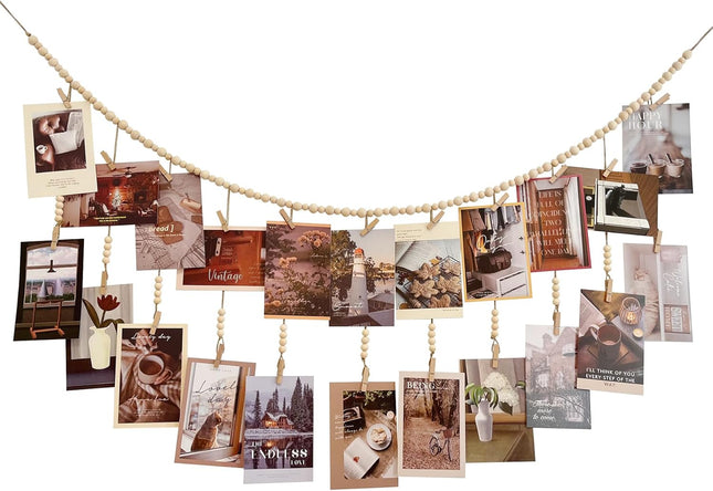 Hanging Photo Display, Wooden Bead Garland, Boho Style Collage Photo Frame Decoration for Dorms, Classrooms, Bedrooms, Hanging Display Card Holder