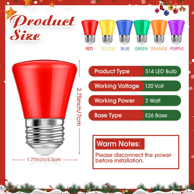 25 Pcs Christmas 2W LED Light Bulbs Replacement Bulbs for Outdoor String Lights E26 Base Plastic Waterproof S14 LED Bulb for Wedding Halloween Patio Party Bar Decor (Multi Color)