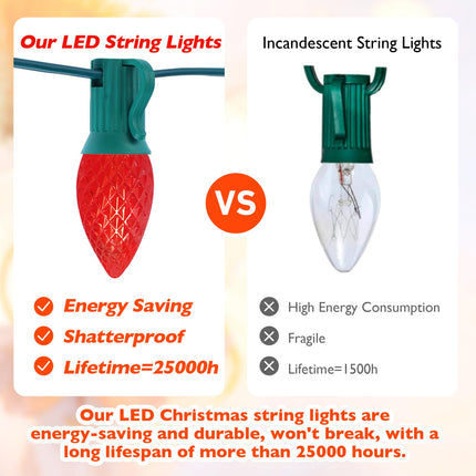 100FT Christmas Outdoor String Lights, Indoor C7 Light Strand with 66 Multi Color Strawberry LED Bulbs, Waterproof Linkable Green Wire Christmas Lights for Outside Bistro Cafe Party Christmas Tree