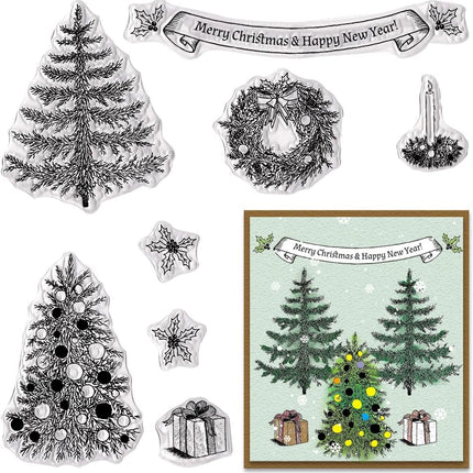 ALIBBON Merry Christmas Clear Stamps for Card Making and Photo Album Decorations, Christmas Tree Stamps, Christmas Wreath Transparent Silicone Stamps for Crafting and DIY Scrapbooking