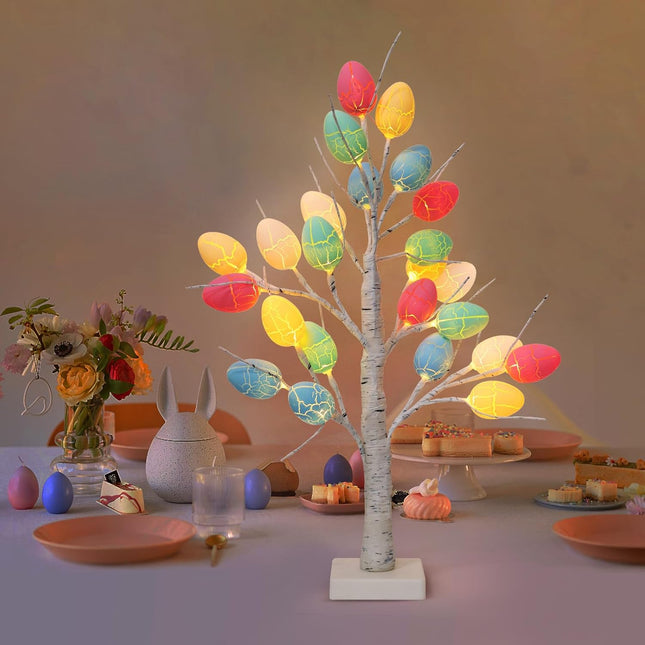 Easter Decorations for The Home, 24" Easter Tree with 24pcs Easter Egg Ornaments, White Birch Tree with 24 LED Lights for Spring Decoration, Battery or USB Powered Table Centerpieces for Home