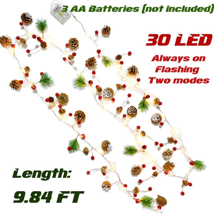 WYNK Christmas tree string lights, Christmas Garland Decoration with lights, 9.84FT 30LED Xmas Pinecone Red Berry Mushroom Lights Battery Powered Christmas Year Holiday Party Decoration Indoor