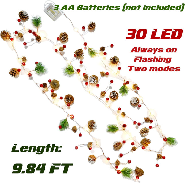 WYNK Christmas tree string lights, Christmas Garland Decoration with lights, 9.84FT 30LED Xmas Pinecone Red Berry Mushroom Lights Battery Powered Christmas Year Holiday Party Decoration Indoor