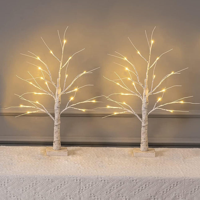 MEETYAMOR 2 Pack 24” 2FT Lighted Birch Tree with 18LT Warm White LEDs, Christmas Decorations Indoor Battery Powered Timer, Money Tree for Winter Party Wedding Table Mantel Home Easter Decor