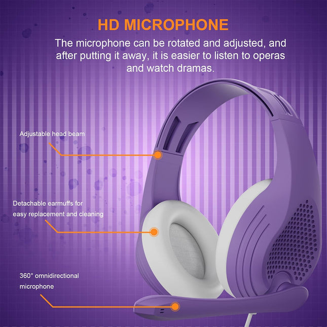 Anivia Computer Noise Cancelling Wired Headphones with Microphone - 3.5mm Purple Headset Gaming Headsets with Mic for Multi-Platform for Kids