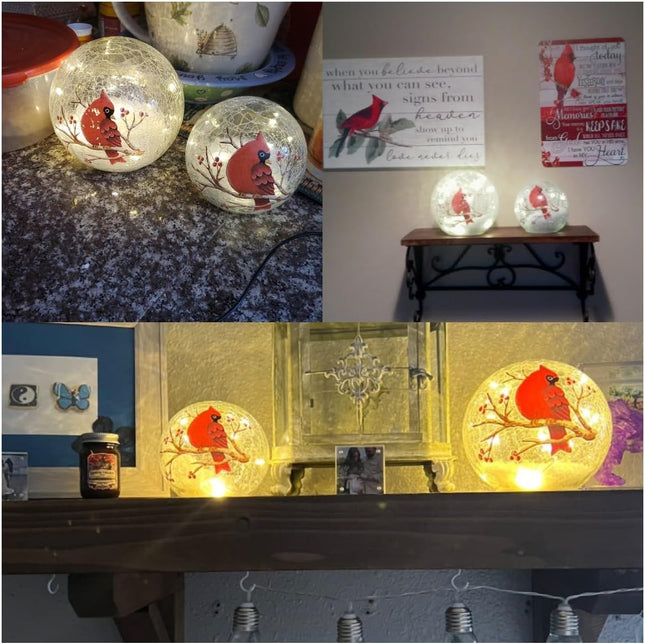 Crackle Glass Cardinal Lamp Battery Operated Globe Lamp for Women Stylish Cardinal Decor Ornaments Red Bird Pattern Stained Glass Lamp Mother's Day s 2 Pack (6in & 5 in)