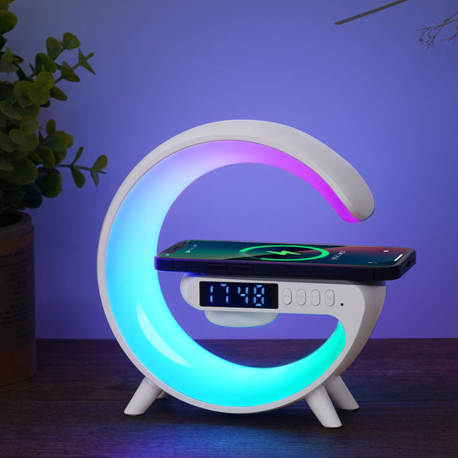Mini Wireless Speaker Lamp with Alarm Clock, Wireless Charging, Atmosphere Light, Bedside Table Lamp s (White)