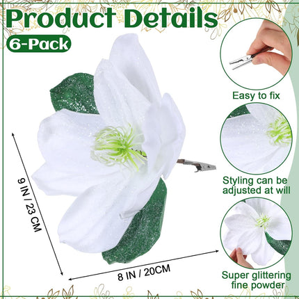 6 Pcs Christmas Magnolia Artificial Flowers 9 inch Christmas Tree Wreaths Garland DIY Ornaments Large Decorative Faux Magnolia Floral Picks with Clip for Xmas Holiday Party Party Decor