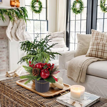 Mini Christmas Tree, Artificial Potted Christmas Tree with Apples Pine Cones Berries Ribbon Tabletop Small Christmas Floral Arrangements in Pot Xmas Centerpieces for Tables Desk Mantle Decor-10.2''