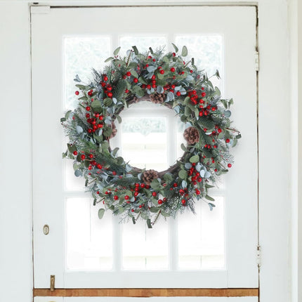 20 Inches Christmas Wreath Winter Wreaths Holiday Christmas Wreaths for Front Door Christmas Berry Wreath with Pine Needles Pine Cones Red Berries for Window Indoor Outdoor Winter Decorations