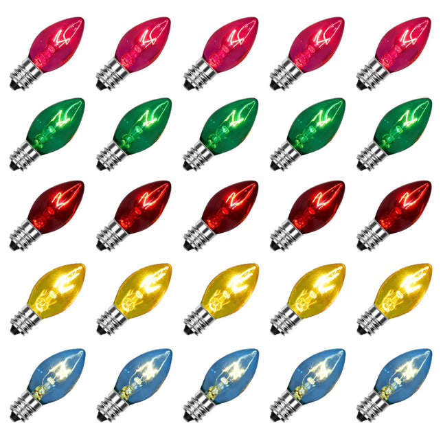SUNSGNE C7 Multicolor Christmas Replacement Bulbs, Clear Multicolor Incandescent Light Bulbs for C7 Outdoor Patio Christmas String Lights, E12 Candelabra Base, 5 Watt, 25 Pack