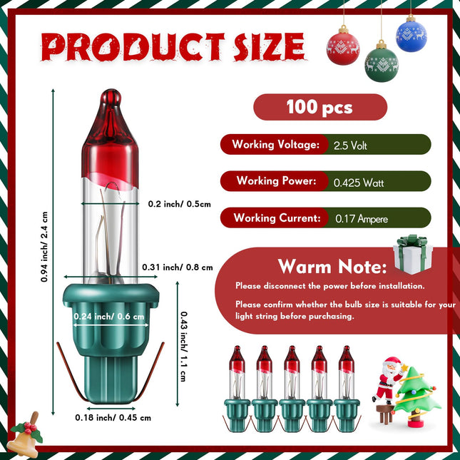Riakrum 100 Pcs Christmas Replacement Mini Light Bulbs Bulk 0.17A Bulb Flasher Christmas Replacement Bulb Christmas Tree Incandescent Light Bulb Mini String Light Bulb (with Base,2.5V 0.425W)