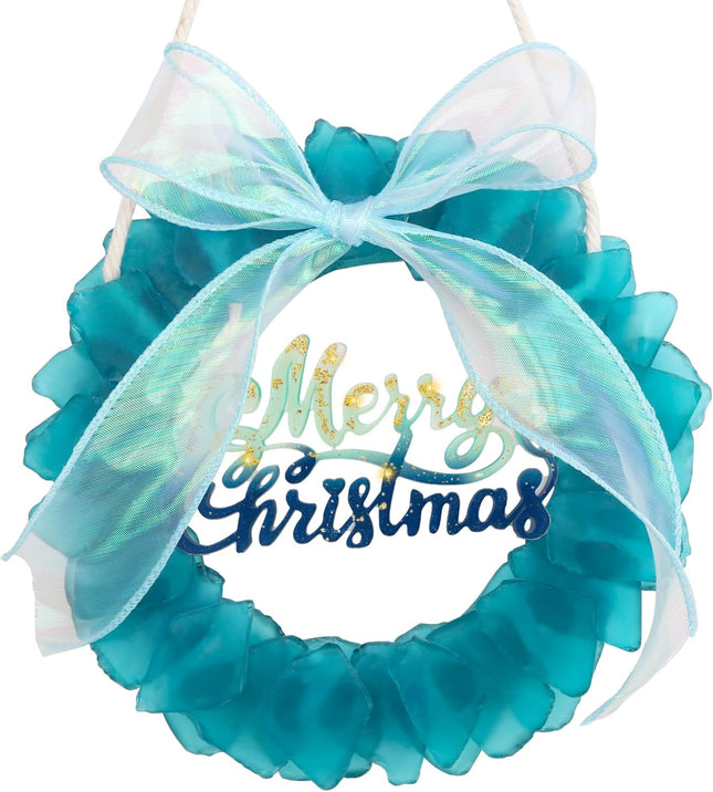 Blue Sea Glass Wreath - Handmade 8 Inch Small Christmas Wreath, Kitchen Cabinet Wreaths Coastal Style Christmas Decor Wreaths for Home, Door, Window, Chair and Wall