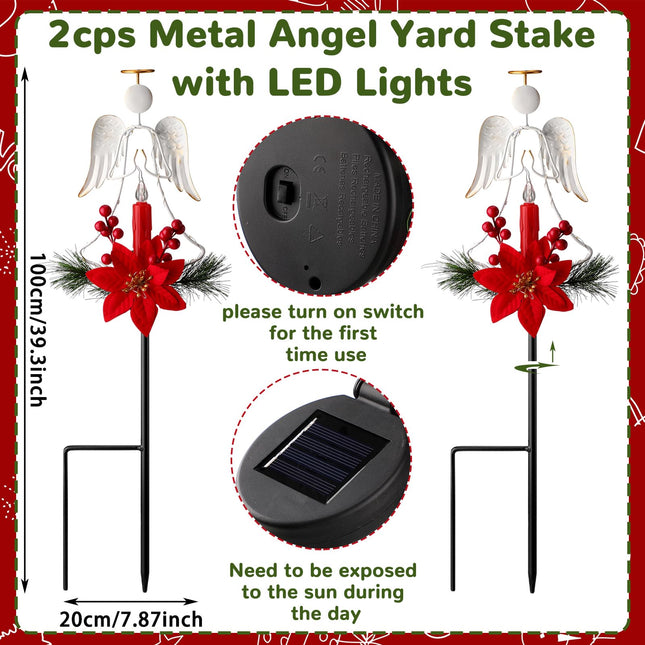 2 Pcs Solar Christmas Angel Stake Lights Yard Decorations Christmas Garden Stake Decor Metal Angel Solar Lights Outdoor Garden with LED Candle for Pathway Holiday Winter Decoration
