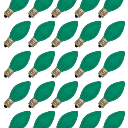 Creative Hobbies Box of 25 Light Bulbs - C7, Steady Burning - Opaque Green - 7 Watt, Extended Life, Nickel Plated Candelabra Base - Great for Night Lights, Decorative Lights and Halloween Strings