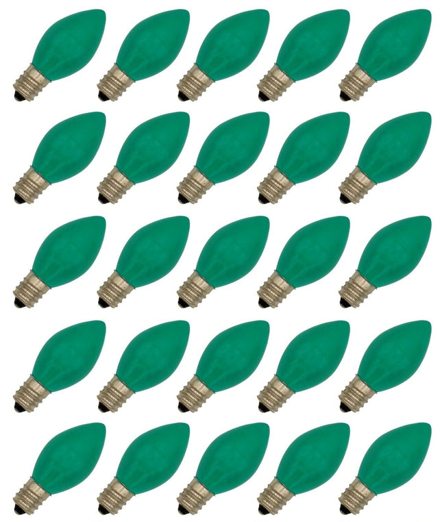 Creative Hobbies Box of 25 Light Bulbs - C7, Steady Burning - Opaque Green - 7 Watt, Extended Life, Nickel Plated Candelabra Base - Great for Night Lights, Decorative Lights and Halloween Strings