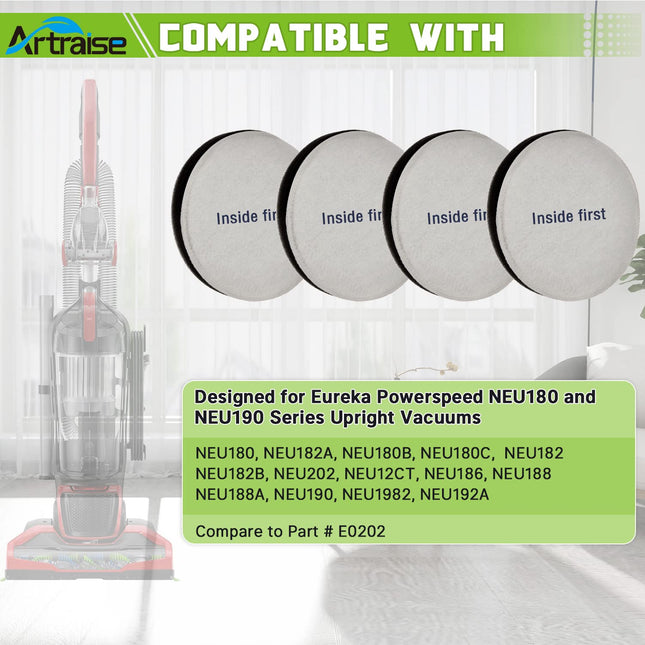 Artriase Vacuum Filter For Eureka Powerspeed Neu180 Neu180C Neu182A Neu182B Neu12Ct Neu186 Neu188 Neu188A Neu190 Neu192A, Compare To Part E0202, 4 Pack Premotor Foam Filters