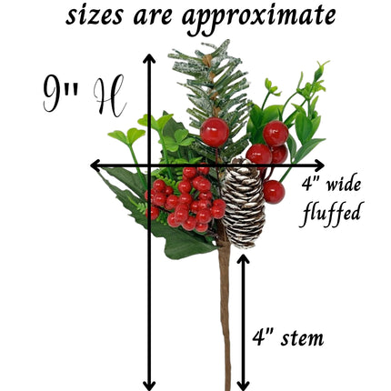 BANBERRY DESIGNS Holiday Christmas Berry Picks - 10 Pieces – Flexible Greenery Snow Tipped Pinecone Red Berries 9" L