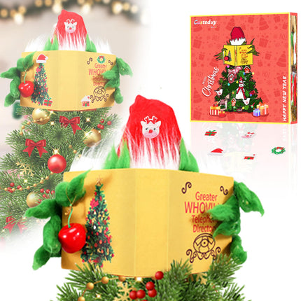 Christmas Tree Topper - 13.77 Inch Elf Christmas Decoration Behind Book with Magic Stickers, for Holiday Indoor Wreath Front Door Party Supplies