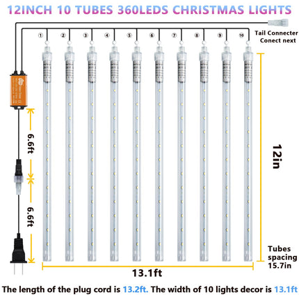 High Brightness 10 Tube 12 Inch 360 LED Meteor Shower Rain Lights Cascading Falling Rain Outdoor Light for Christmas Halloween Tree Raindrop Decoration