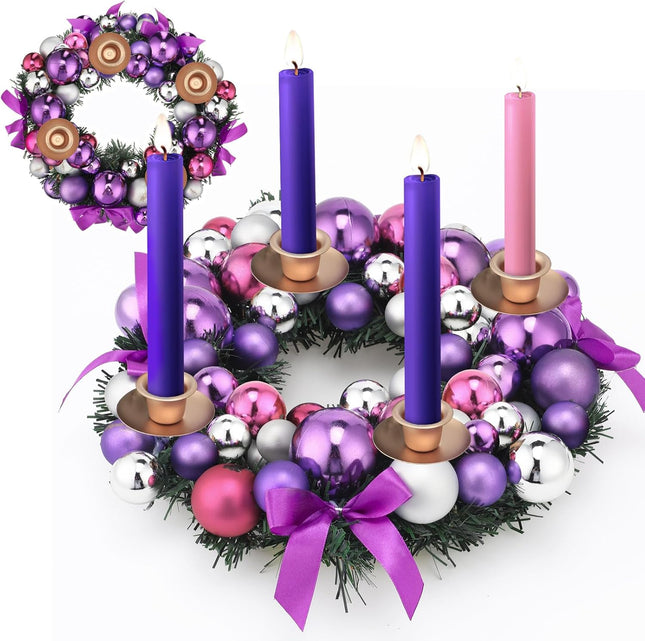 Meooeck Purple Ribbon Advent Wreath Set Calendar Season Candle Holder Catholic Christmas Advent Wreaths Centerpiece Decor with Ribbons and Balls Advent s Xmas Candles Decorations