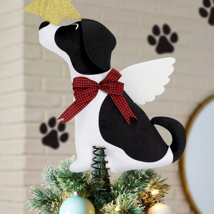 Dog Christmas Tree Topper with Glitter Star & Wings Xmas Tree Ornament Black and White Puppy Winter Holidays Home Decoration Puppy Wreath Attachment Festive Ideas Supplies