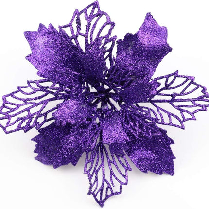 12 Pack Christmas Glitter Poinsettia Flowers Artificial Flower Christmas Tree Decorations and Ornaments, 6.2"/16cm Diameter (Purple)