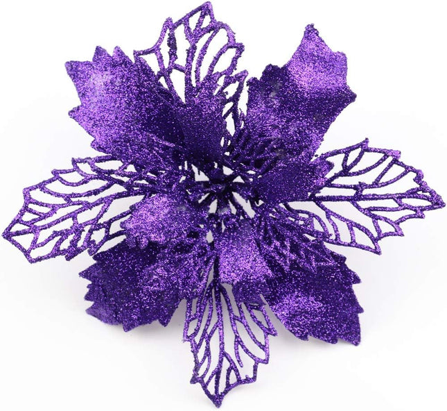 12 Pack Christmas Glitter Poinsettia Flowers Artificial Flower Christmas Tree Decorations and Ornaments, 6.2"/16cm Diameter (Purple)