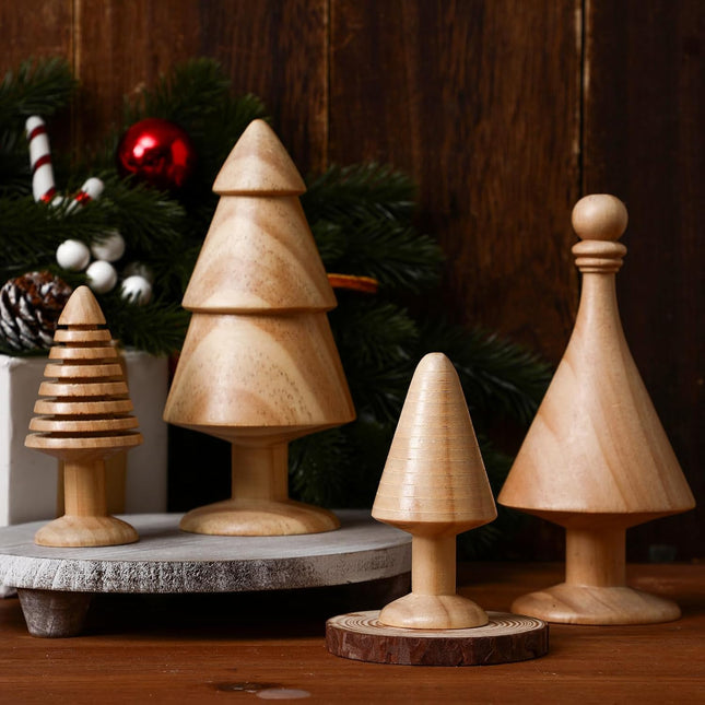 4 Pack Wooden Christmas Tree Vintage Mini Farmhouse Wood Miniature Trees Handmade Christmas Rustic Tree Figurine Set 3.9/6.7 Inch Christmas Trees Tabletop Ornament for Table Decoration