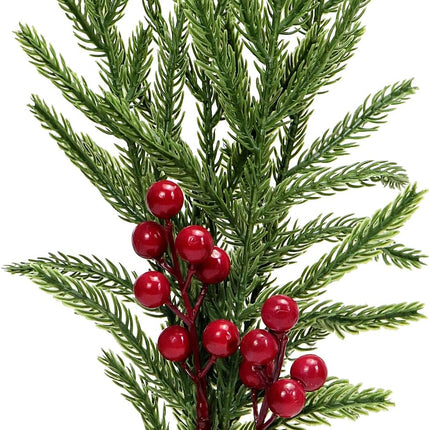 Norfolk Pine Branches Red Berry Stems 17" Artificial Christmas Greenery Picks Fake Pine Needles with Holly Berries for Xmas Tree Filler Decorations Festival Holiday Vase DIY Garland Craft (8, Green)