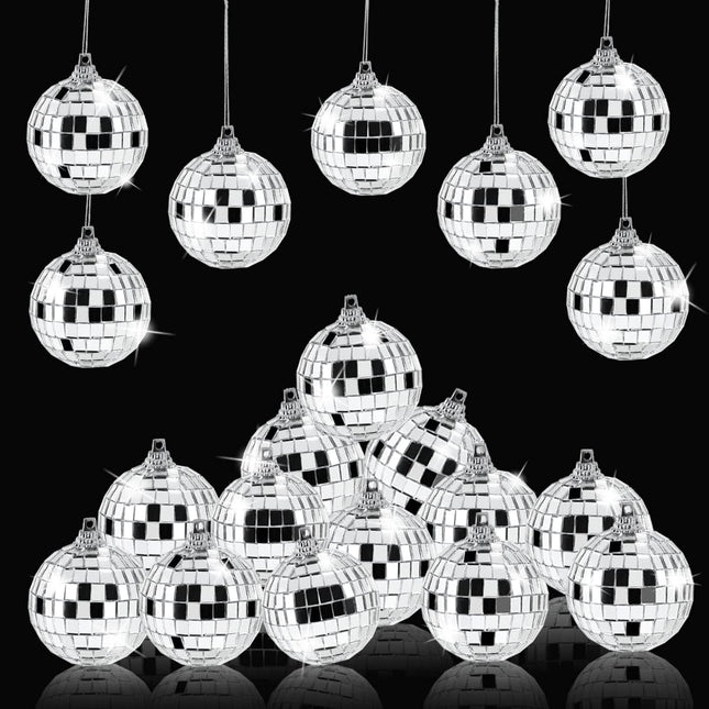 24 Pieces Mirror Disco Ball Ornaments Reflective Mirror Ball 2" Inch Silver Hanging Ball Cake Decoration 70s Disco Themed Party Decoration for Christmas Tree Dance Music Festive Decor