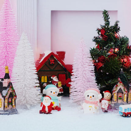 AerWo 10Pcs Mini Pink Christmas Trees Bottle Brush Christmas Trees 3.94''-7.87'' with Snowman Couple, Small Christmas Village Trees Pine Trees for Tabletop Christmas Decor Winter Holiday Decorations