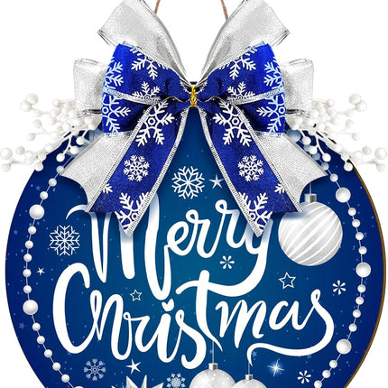 Qunclay Blue Christmas Decorations Round Snow Wooden Hanging Sign Christmas Wreath for Front Door Blue and Silver Wreath Sign with Bow Winter Christmas Wreath Sign for Door Wall Window Home Decor