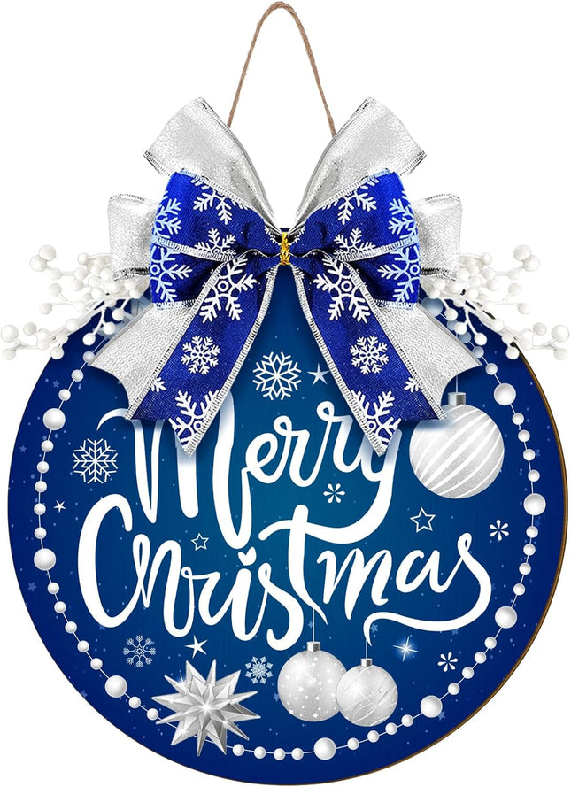 Qunclay Blue Christmas Decorations Round Snow Wooden Hanging Sign Christmas Wreath for Front Door Blue and Silver Wreath Sign with Bow Winter Christmas Wreath Sign for Door Wall Window Home Decor