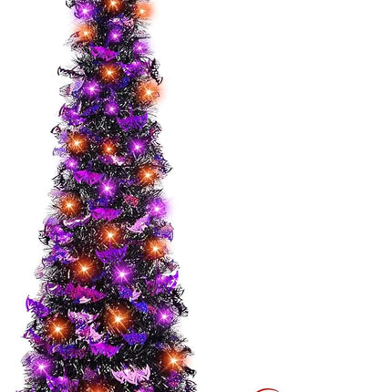 [Remote Control & Timer]6 Ft 60 LED Tinsel Halloween Tree Decor with Orange & Purple Lights 8 Modes Black Tinsel Christmas Tree Bats Battery Operated Pop Up Artificial Tree Indoor Outdoor Decorations