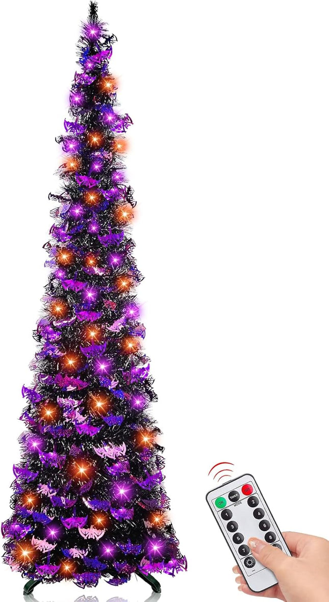 [Remote Control & Timer]6 Ft 60 LED Tinsel Halloween Tree Decor with Orange & Purple Lights 8 Modes Black Tinsel Christmas Tree Bats Battery Operated Pop Up Artificial Tree Indoor Outdoor Decorations