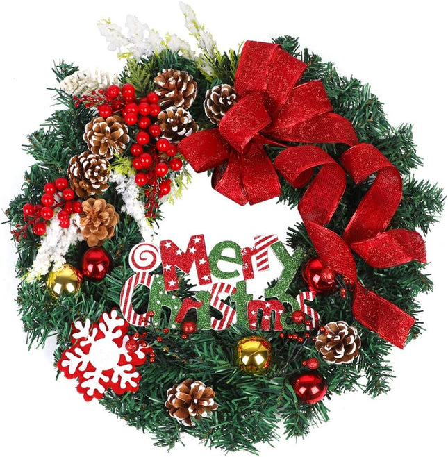 DoreenBow Christmas Wreath Door Wreath 18 Inch Christmas Berry Pine Cone Wreath with Red Bow Winter Christmas Artificial Wreath for Front Door Window Outdoor Home Decor