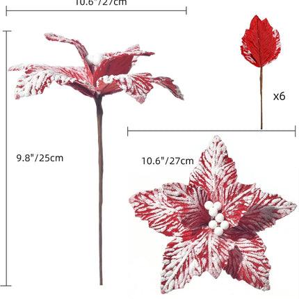 Large Christmas Poinsettias 6 Pcs Snow Decorated Christmas Tree Flowers Artificial Flower Picks Ornaments for Christmas Tree Wreath Decoration (Red/White)