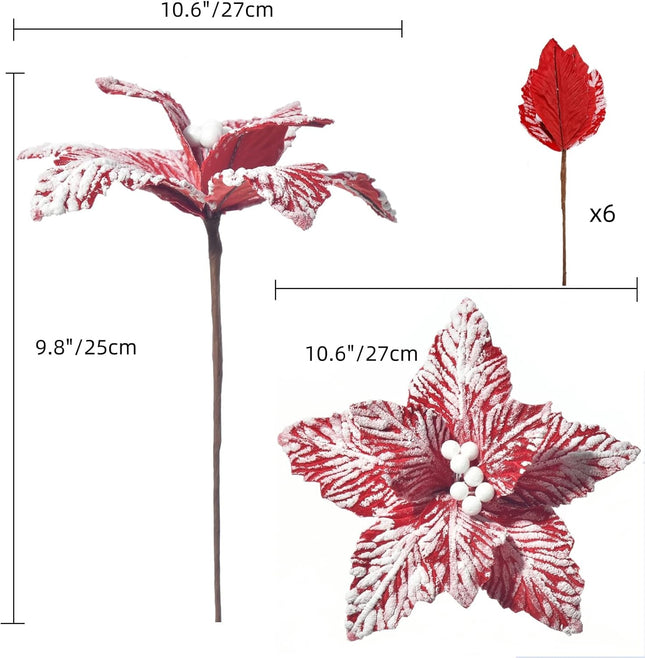 Large Christmas Poinsettias 6 Pcs Snow Decorated Christmas Tree Flowers Artificial Flower Picks Ornaments for Christmas Tree Wreath Decoration (Red/White)