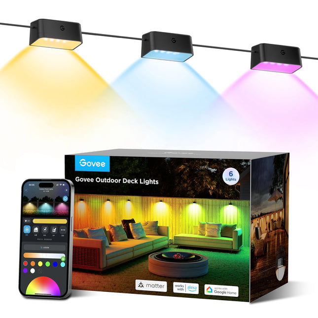 Govee Outdoor Deck Lights, RGBIC Outdoor Lights with 4000K White Light, IP65 Smart Fence Lights with App Control, Voice Control, LED Patio Lights for Christmas Decoration, Wired 6 Packs (32.8ft)