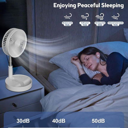 Foldaway/Foldable Fan With 7200Mah Rechargeable Battery BuiltIn, Running Time 1024 Hours Telescopic Tube Portable Quiet Floor Fan