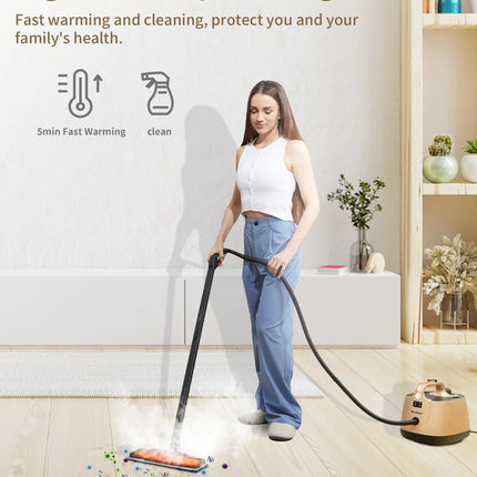 Steam Cleaner With 21 Accessories, Steamer For Cleaning, 5 Minutes Fast Heating, Portable Canister Steamer For Floors, Carpet, Cars, Tiles, Grout Cleaning, Chemical, 1.5L Capacity Gold