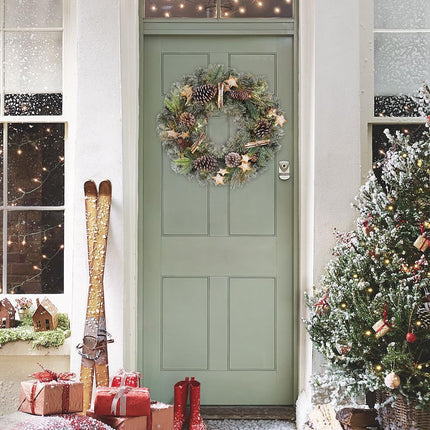 Christmas Wreath 20" Christmas Front Door Wreath with Pinecone Wood Stars Artificial Hanging Wreath for Xmas Home Room Wall Fireplaces Indoor/Outdoor Porch Winter Decor